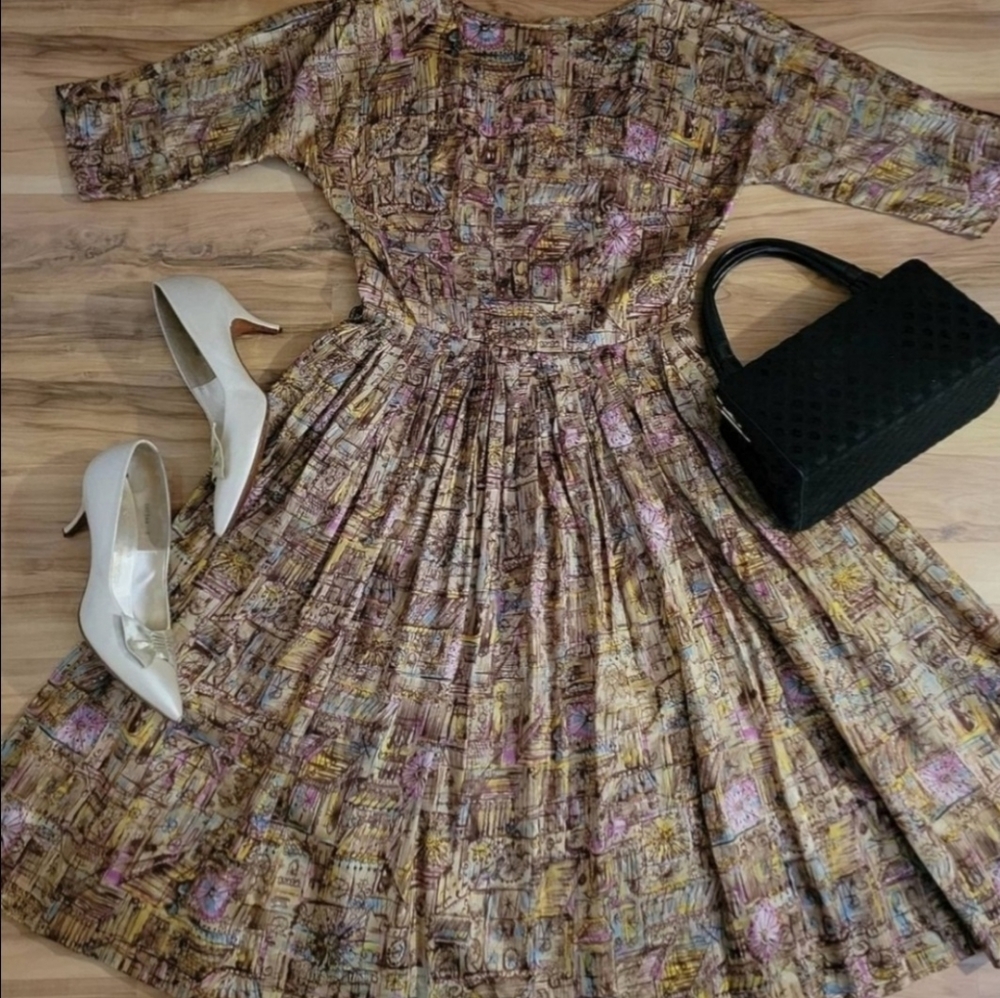 Vintage 50s Sateen Novelty Print Dress